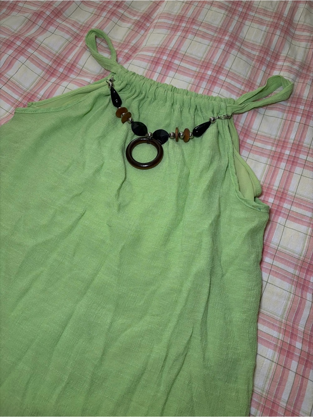Green Papertee tank top with beaded necklace
